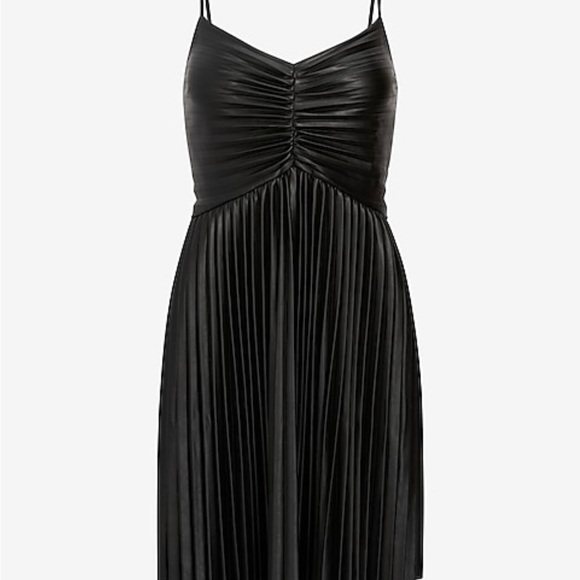 Faux Leather V-Neck Pleated Fit And Flare Mini Dress - Picture 5 of 7